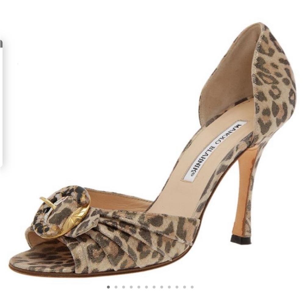 Manolo Blahnik Sedaraby Metallic Suede Leopard Print D'Orsay Peep Toe
Heel